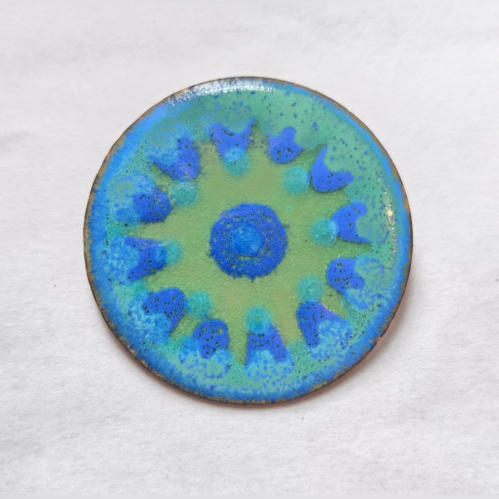 Vintage Mid Century Enamel on Copper Brooch Blue & Green Gjedde Denmark